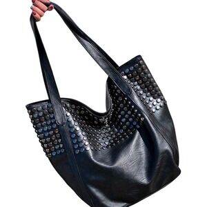 Womens‎ Black Faux Leather Studded Tote Bag Large Shoulder Bag